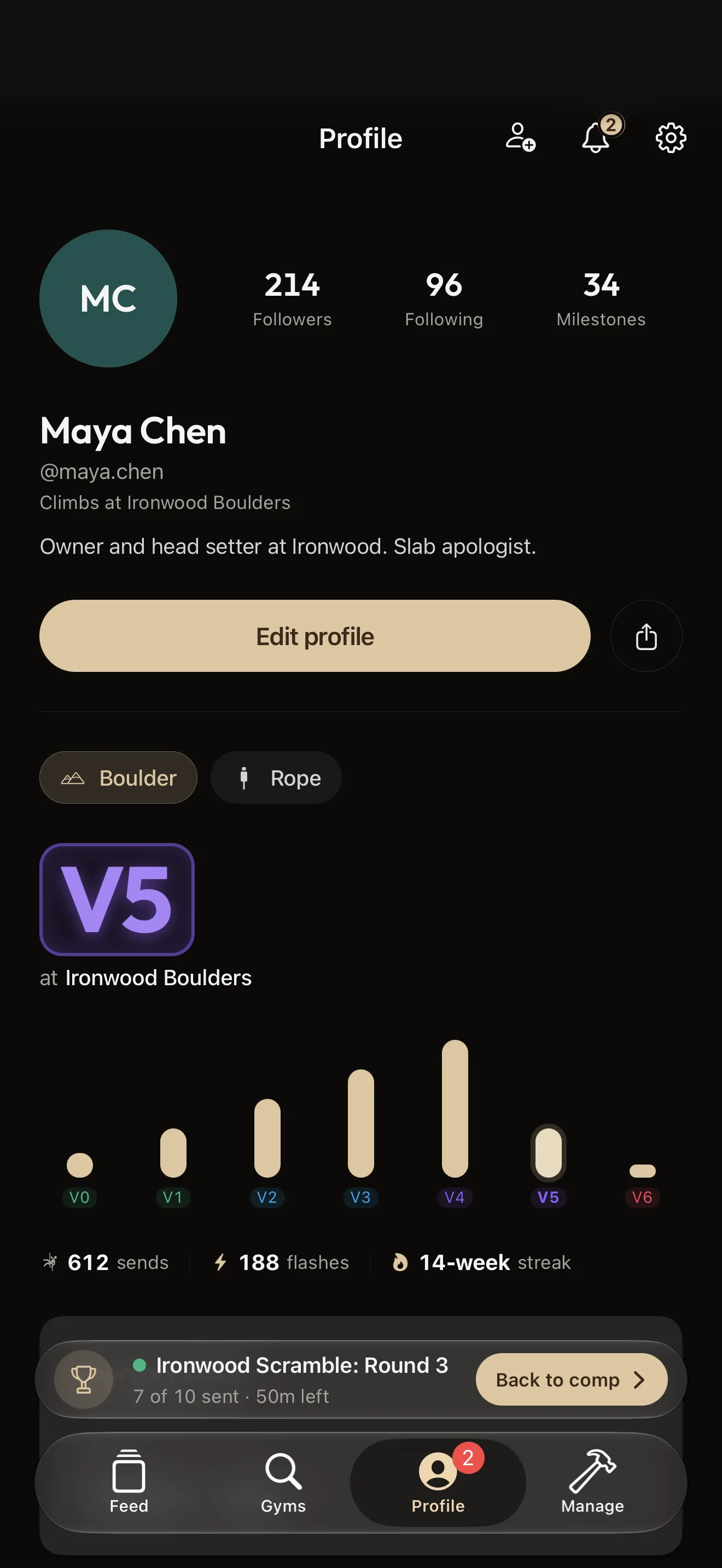BoulderBase iPhone app climber profile with levels, stats and milestones