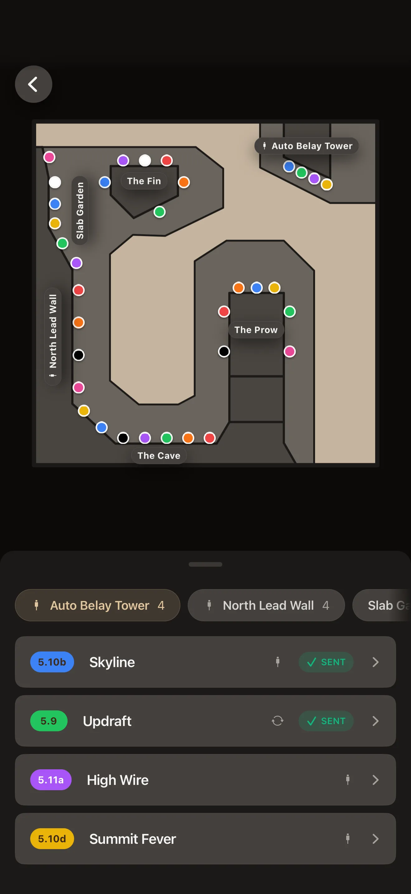 BoulderBase iPhone app showing the gym map with climbs on each wall